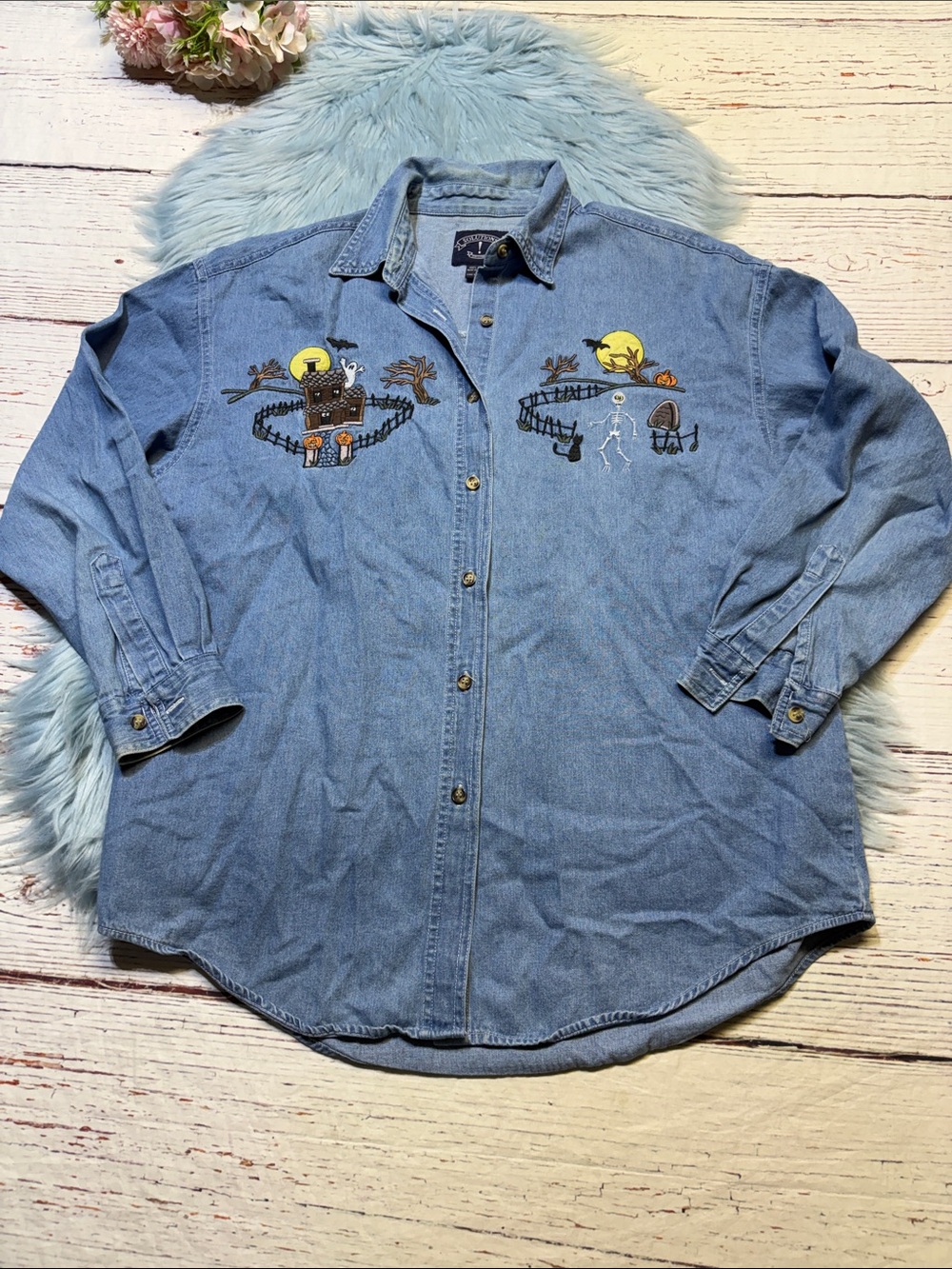 Vintage Solutions 90’s Light Wash Denim Button-Up Shirt Embroidered Halloween